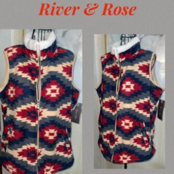 RIVER & ROSE SOUTHWEST PRINT SHERPA LINED FULL ZIP VEST~BLUE,RED~XL - Picture 5 of 6